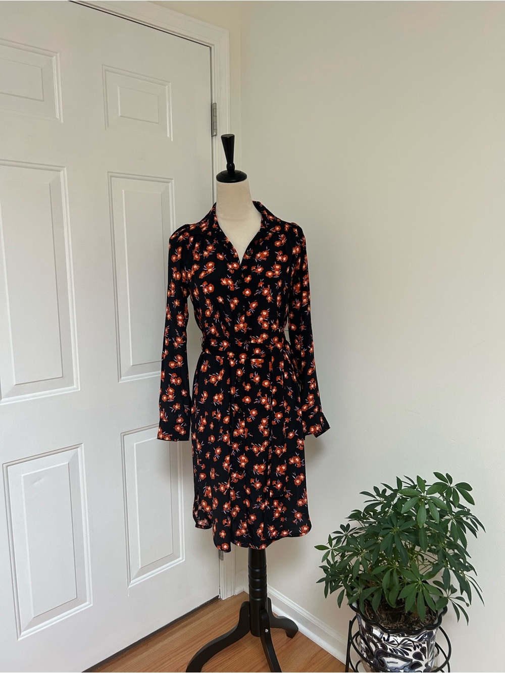 Ann Taylor Black Long-Sleeve Floral Wrap Dress